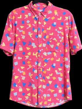 Cabana Retro Geometric Button-Up Shirt. Pink 90’s Print.